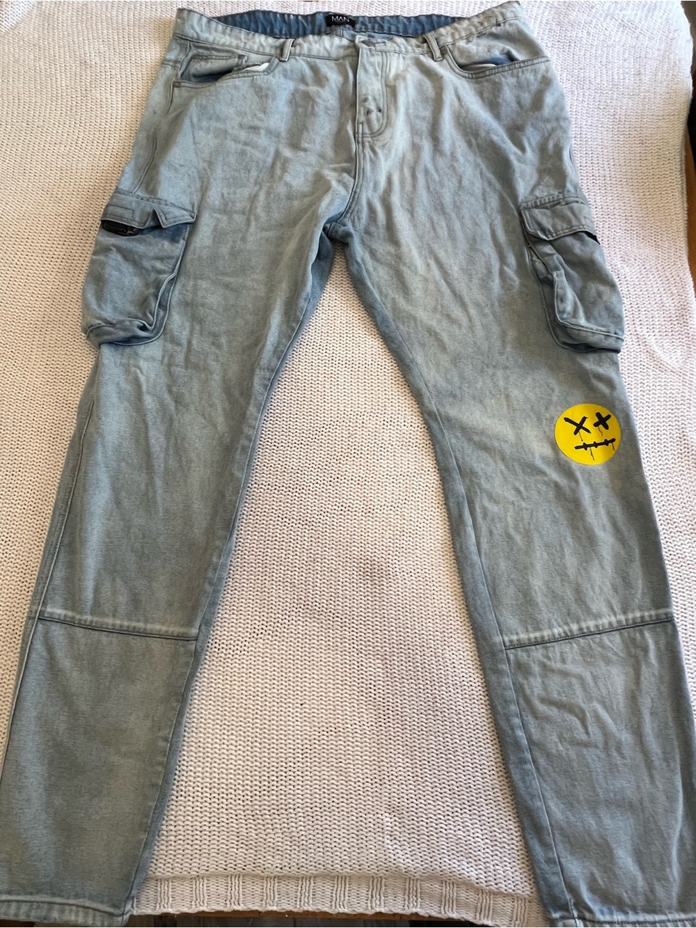 Boohoo Light Gray Cargo Pants with Yellow Smiley Patch